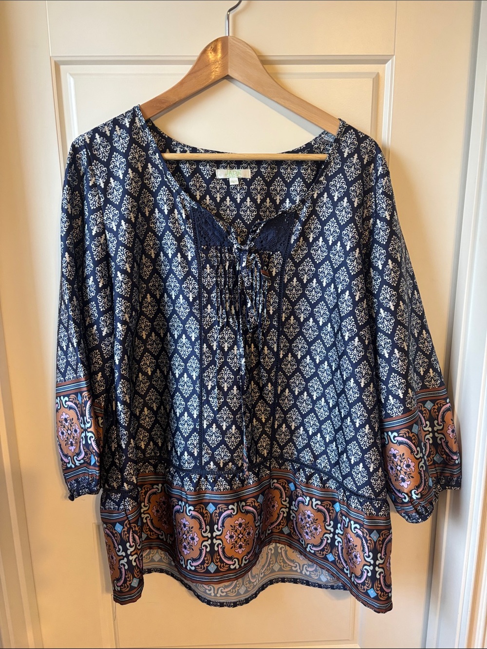 Jade Navy Blue and Cream Printed Boho Tunic with Rust Border